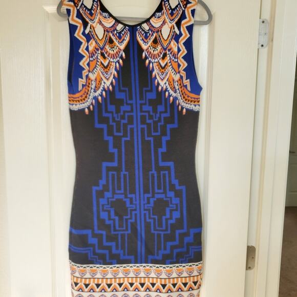 Jealous Tomato Geometric Bodycon Vibrant Blue Orange Retro Mini Dress Size Large - Picture 7 of 7